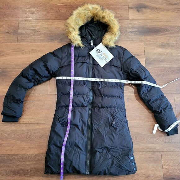 Puffer Coat Parka Hooded Jacket Womens XS Black Windproof CHERFLY - Picture 2 of 16